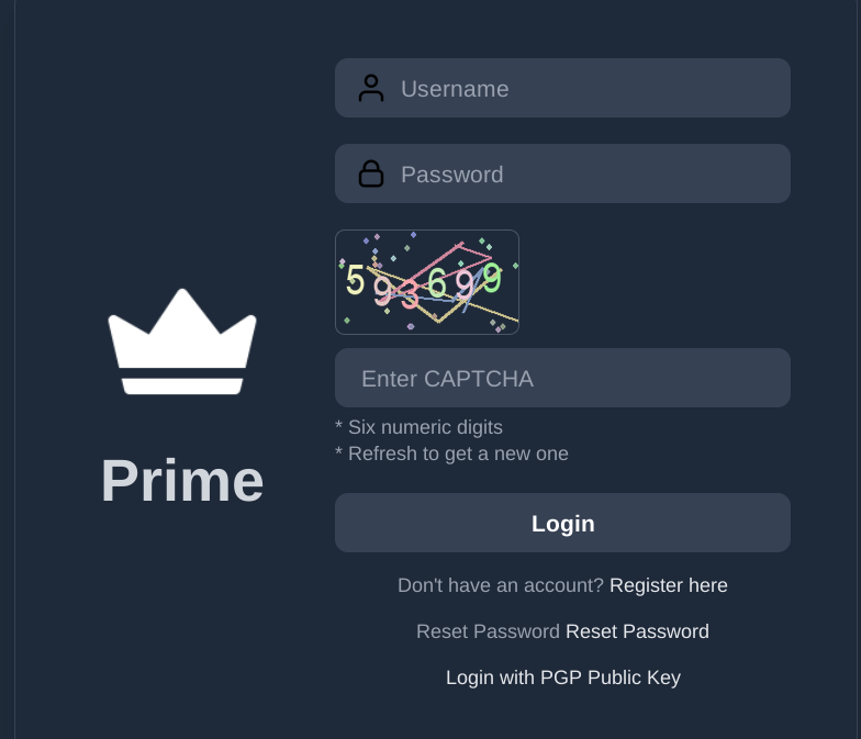 Prime Market login screen with username, password and account secret fields