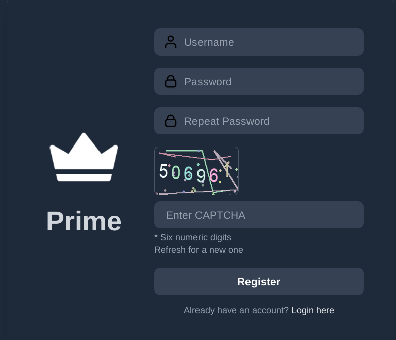 Prime Market registration screen showing username, password and CAPTCHA fields